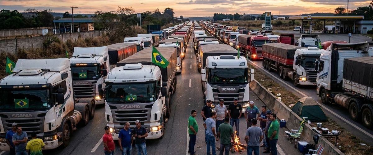 Caminhoneiros reunidos em assembleia sobre a greve dos caminhoneiros e impactos do diesel no frete