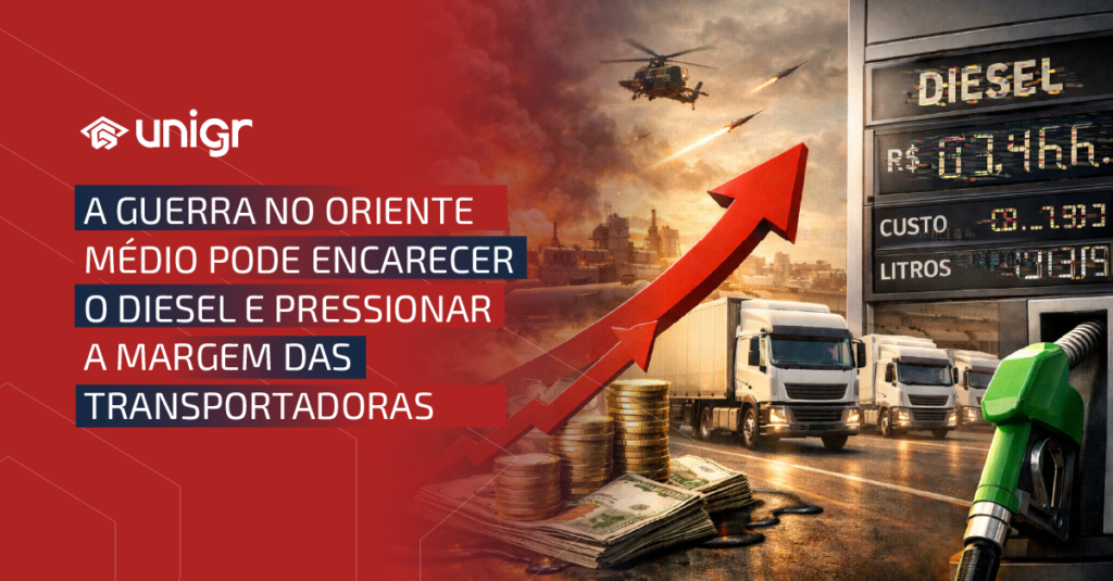 Impacto do diesel no transporte logístico: caminhão rodando em rodovia enquanto a alta do petróleo causada por tensões entre Estados Unidos, Israel e Irã pressiona o custo do combustível e a margem das transportadoras.