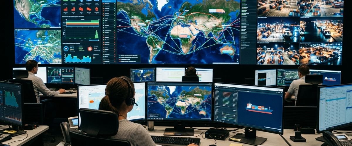 Ilustração sobre monitoramento de transporte com acompanhamento de carga em tempo real e controle de rotas logísticas.